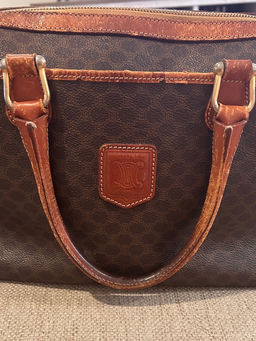 Celine Macadam Boston Bag Brown Coated Canvas & Tan Leather Satchel